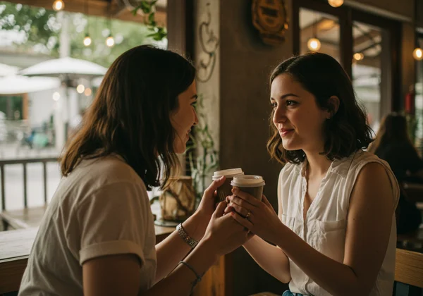 Two women making eye contact, one leaning in closely