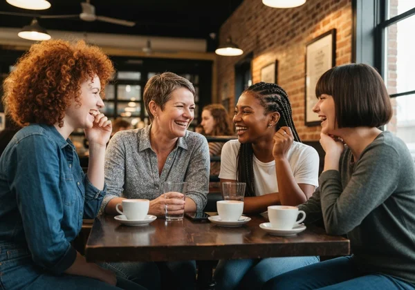 一群不同的女性在咖啡店里开心地笑着