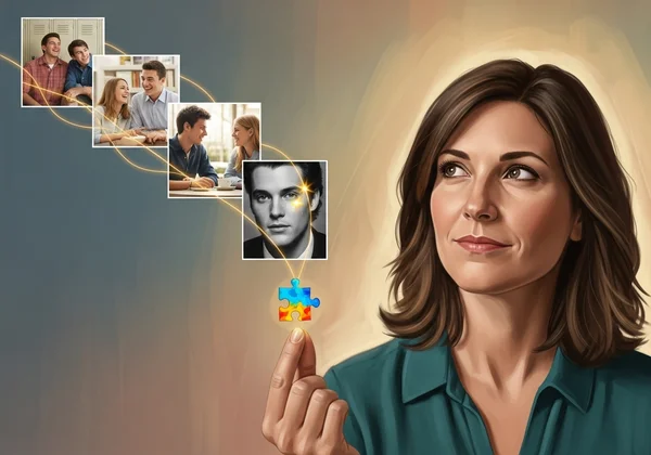 Woman looking back at past memories with new understanding