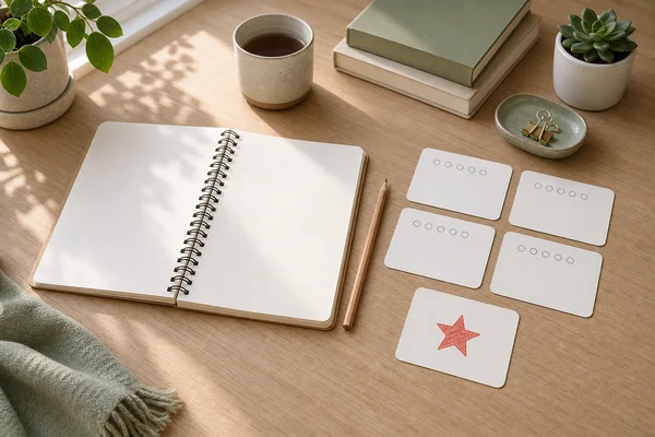 Calm desk with identity notes