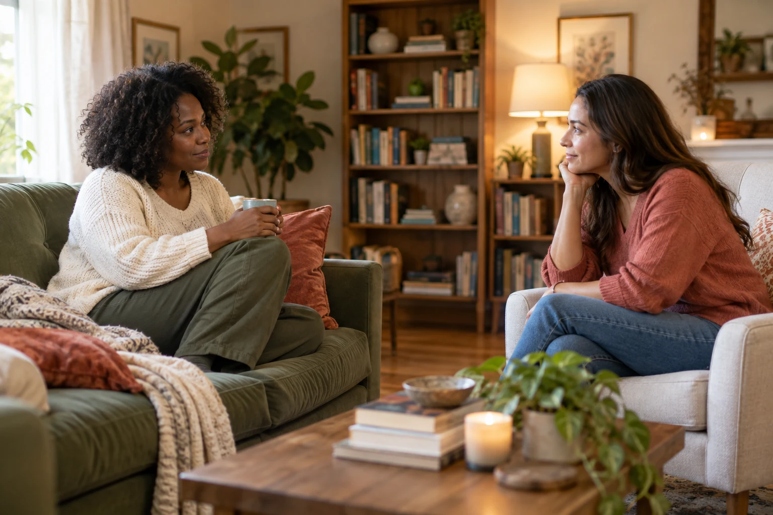Two friends talking in a calm room