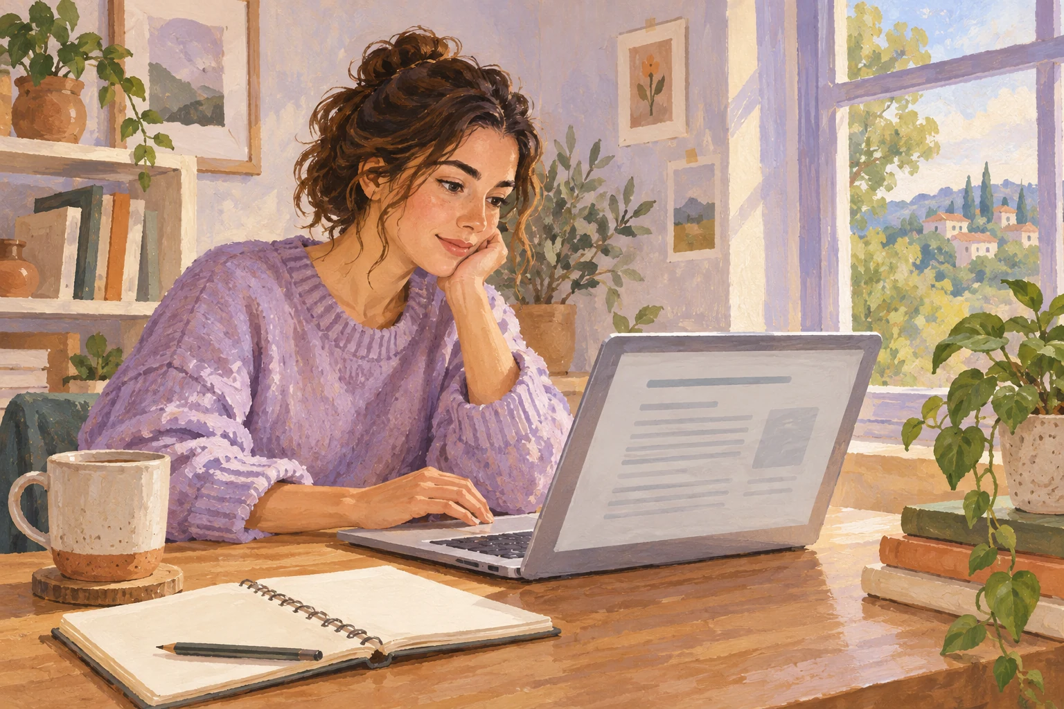 Reading a reflection document at a quiet desk